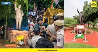 Chandrashekhar Azad : लाठीमाराच्या निषेधार्थ चंद्रशेखर आझाद रस्त्यावर; मुसळधार पावसात बाबासाहेब आंबेडकरांच्या पुतळ्याखाली आंदोलन