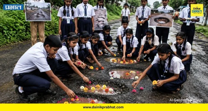 Student Protest: विद्यार्थ्यांनी खड्ड्यांनाच वाहिली फुलं! मावळात रस्त्याच्या दुरवस्थेविरोधात शाळकरी मुलांचा संताप