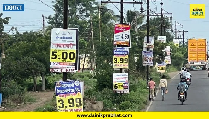 Karde-Karegaon Road : करडे-कारेगाव रस्त्यावरील महावितरणचे खांब बनले प्लॉटिंच्या जाहिरातींचे ‘हक्काचे ठिकाण’