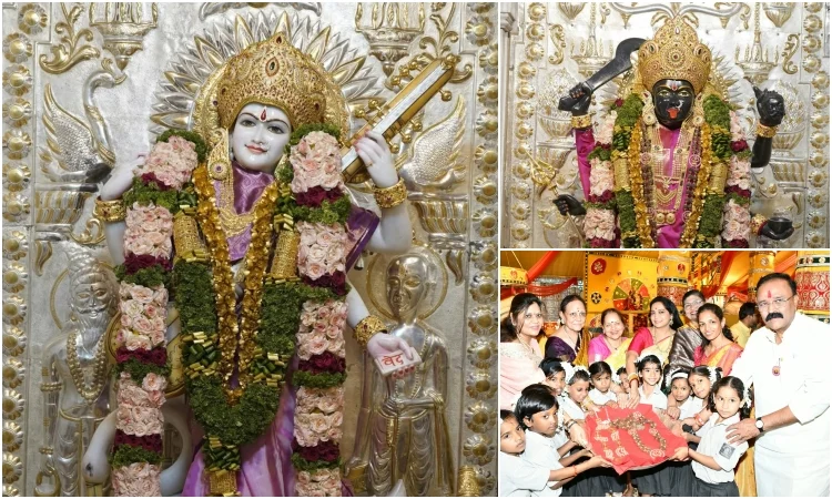 Pune Navratri Festival 2026 : सारसबागच्या महालक्ष्मी मंदिरात देवींच्या चरणी स्फटिक आणि रुद्राक्ष माळ अर्पण