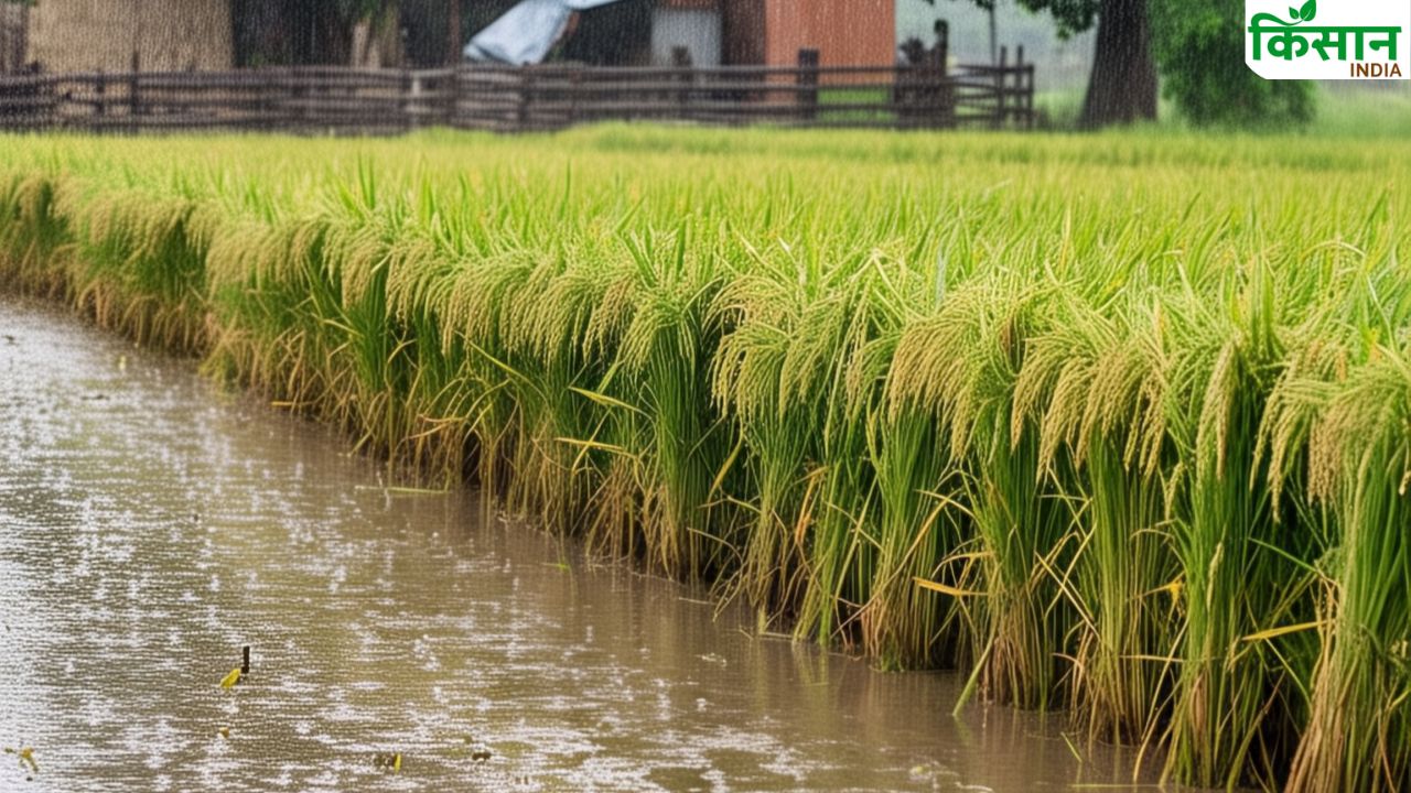 बारिश से खेतों में खड़ी फसल चौपट, पानी में अधिक भीगने से धान का रंग बदला