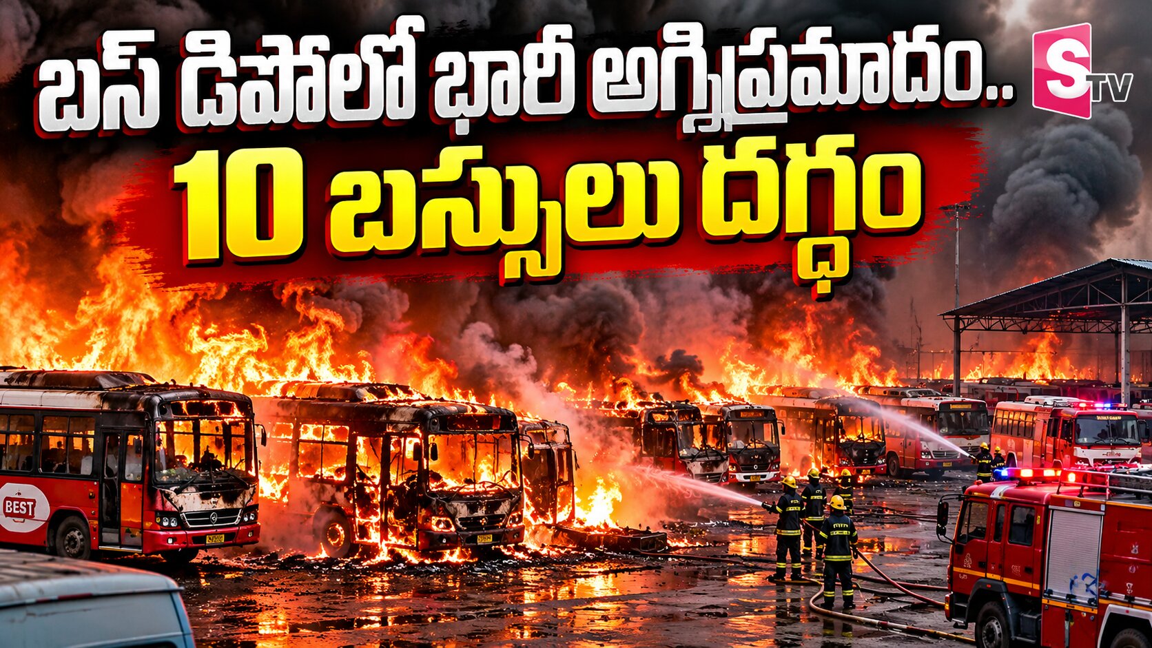 బస్ డిపోలో భారీ అగ్నిప్రమాదం.. 10 బస్సులు దగ్ధం